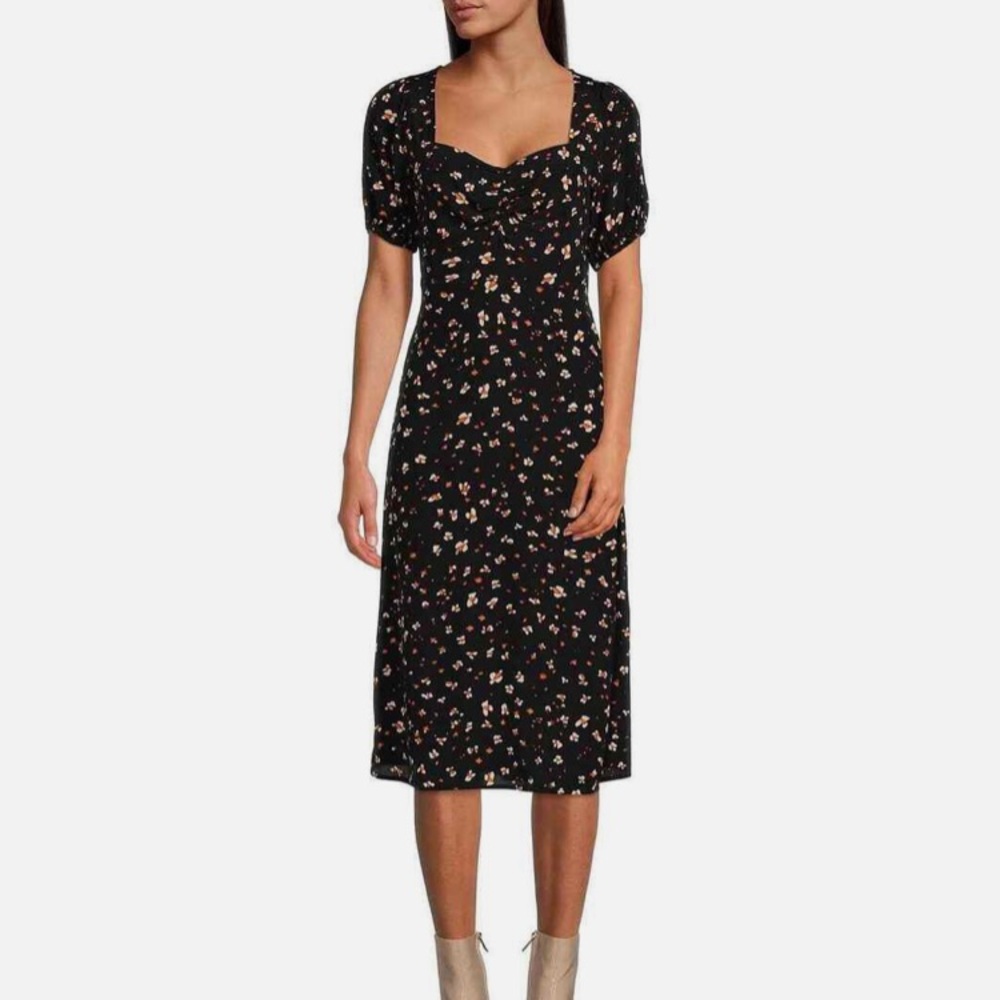 Sanctuary Women's Size 0 Sweetheart-Neck Puff-Sleeve Midi Dress Black Floral